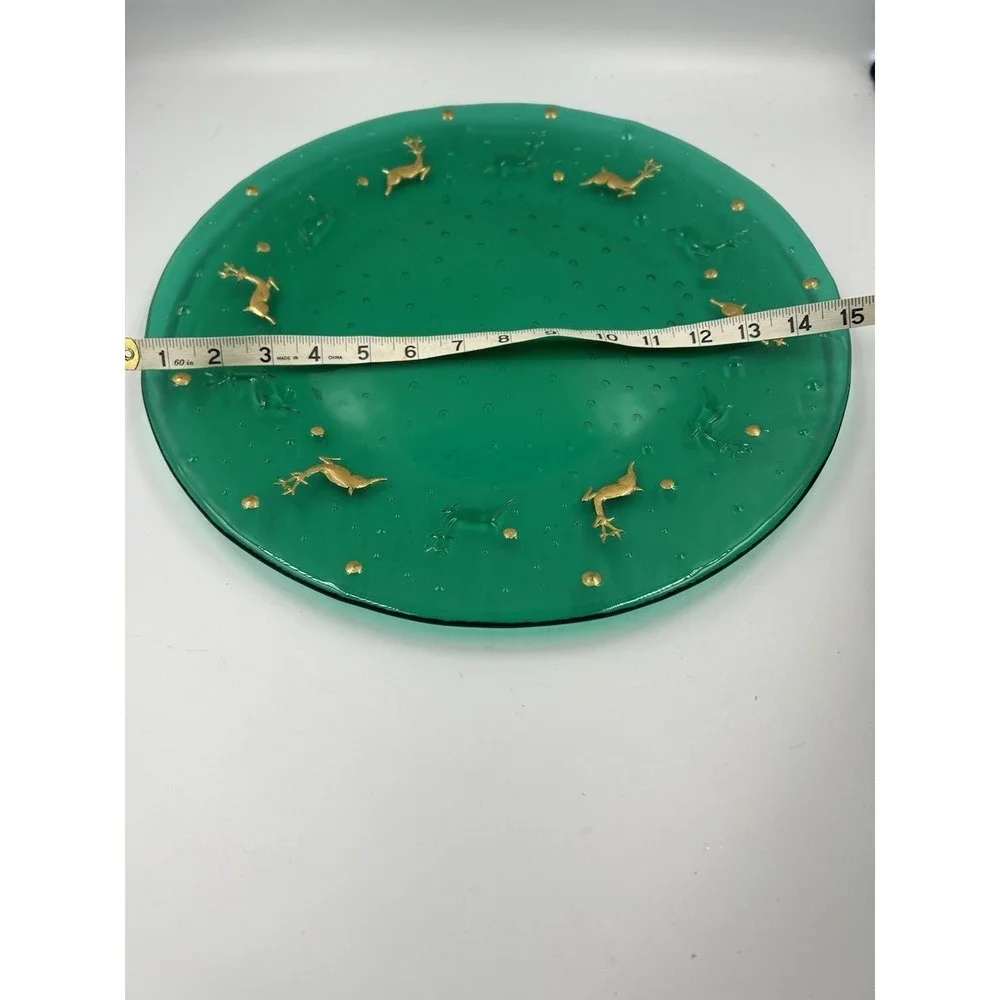 VTG Green Glass Christmas Platter/Charger /Gold Reindeer Textured Centerpiece